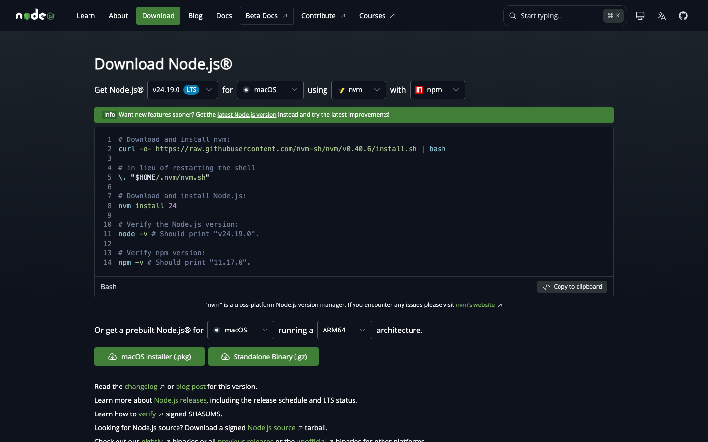 Node.js 下載頁,記得把作業系統選成 Windows 再下載 .msi 安裝檔
